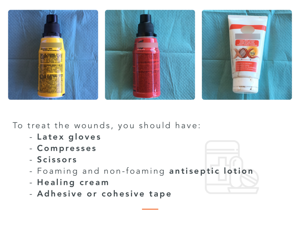 All you need to treat wounds : gloves, compresses, scissors, antiseptic lotion, healing cream and adhesive / cohesive tape